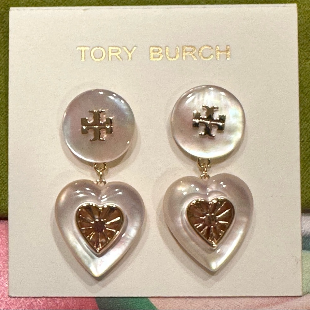 NWT Tory Burch Celestial Heart Shape Mother Of Pearl Drop Earring - Picture 3 of 8